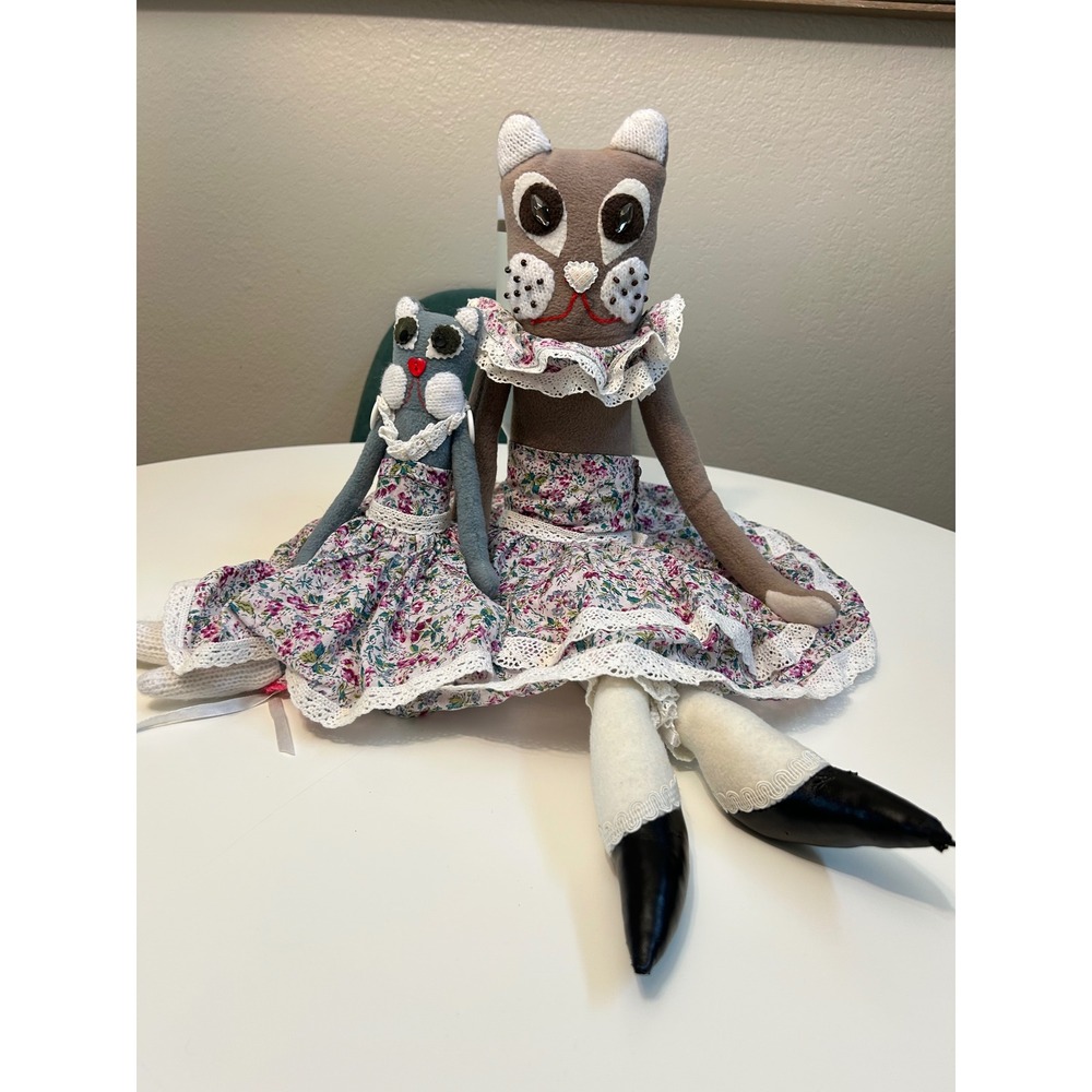 Handmade Folk Art Cat Doll Set Mother and Kitten Floral Lace Tiered Dress Felt